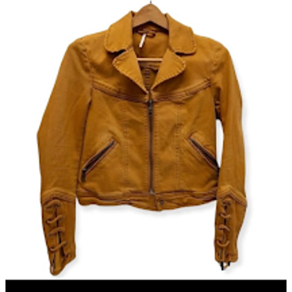 FREE PEOPLE Vintage Distressed Jacket Jean Jacket Lace Up Sleeves size M NWOT - Picture 10 of 13